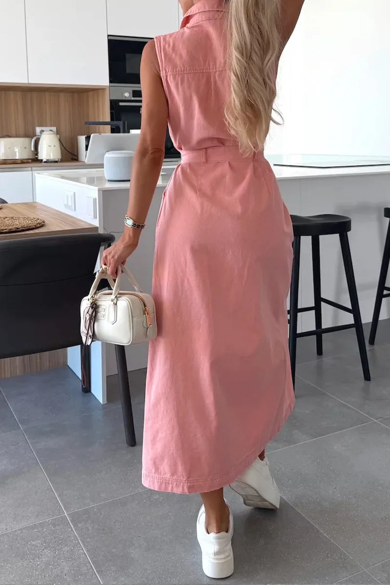 HBZ1142 Sleeveless Button-Down Denim Maxi Dress