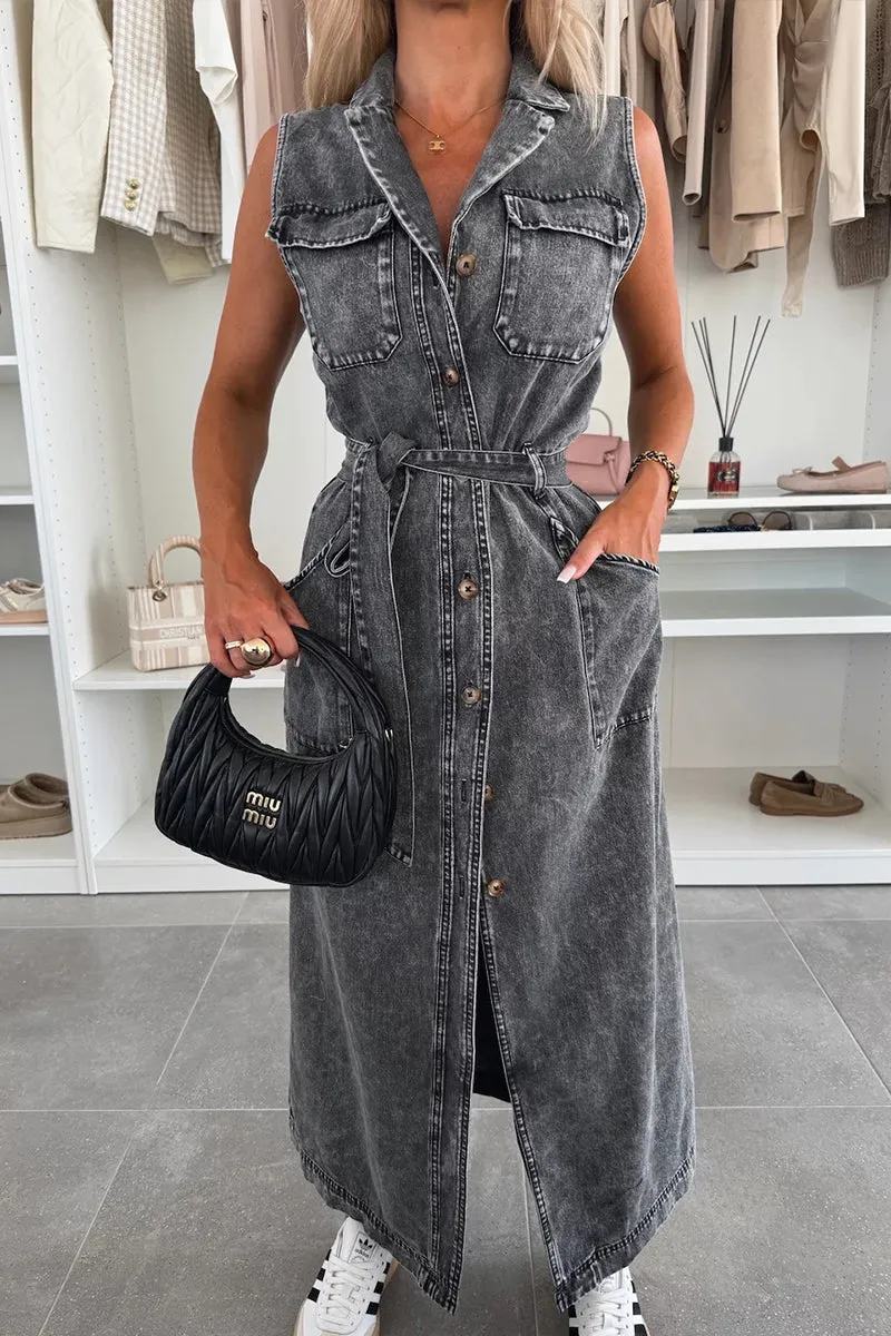 HBZ1142 Sleeveless Button-Down Denim Maxi Dress