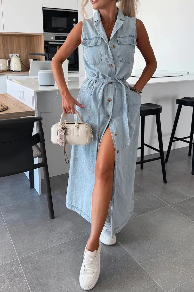 HBZ1142 Sleeveless Button-Down Denim Maxi Dress