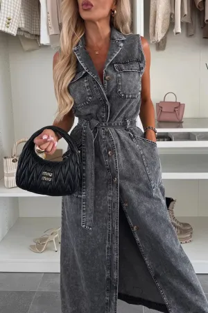 HBZ1142 Sleeveless Button-Down Denim Maxi Dress
