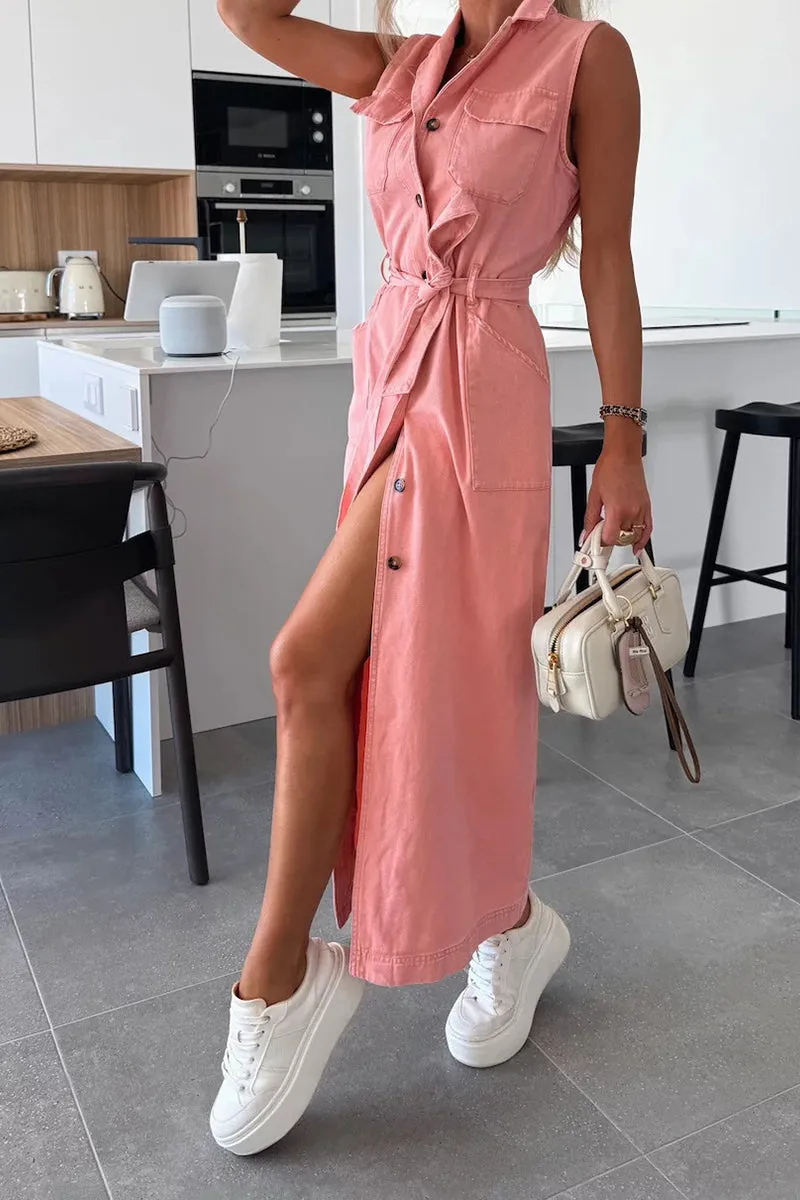 HBZ1142 Sleeveless Button-Down Denim Maxi Dress