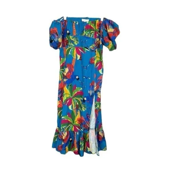 House of Harlow 1960 - Blue Tropical Print Linen A-line Maxi Dress Size Medium