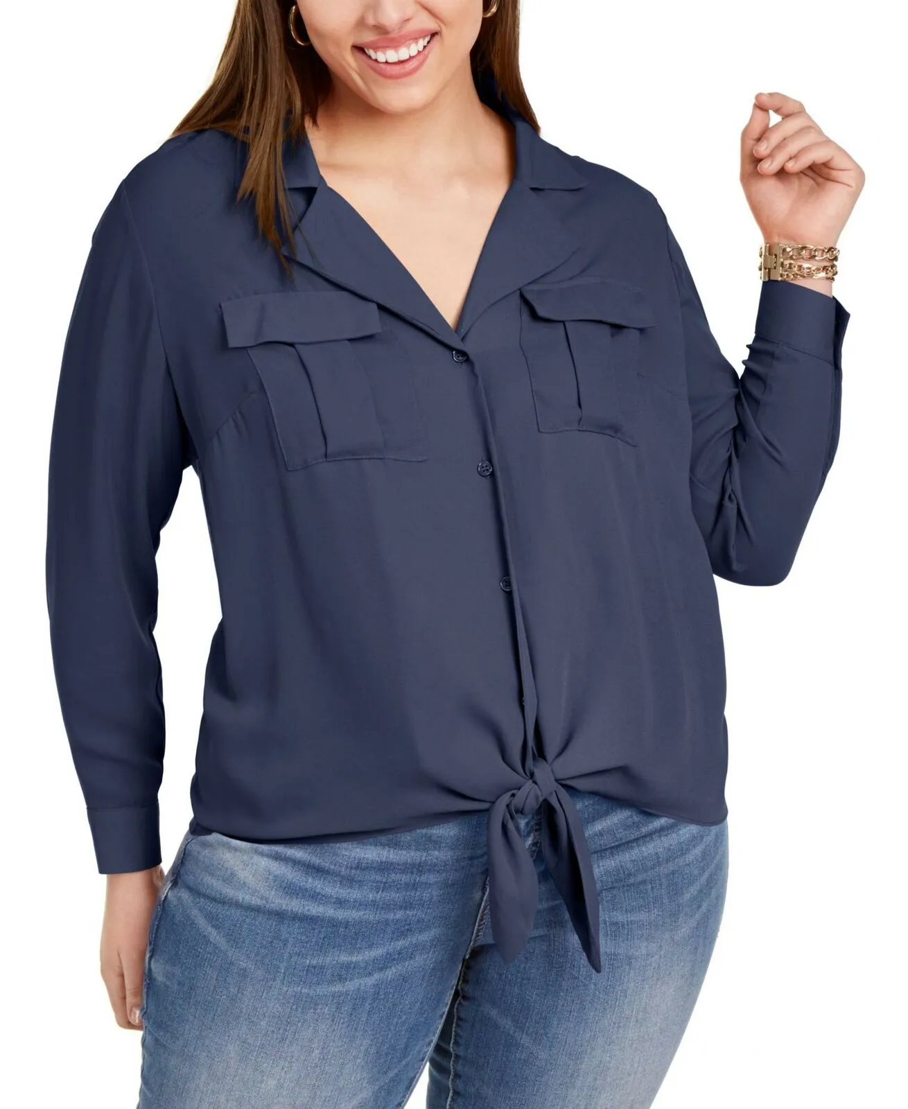 INC International Concepts Plus Size Tie Front Blouse Navy 3X