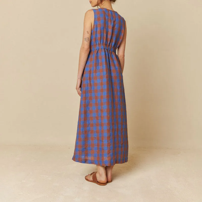 INDI & COLD Check Linen Dress in Klein Blue