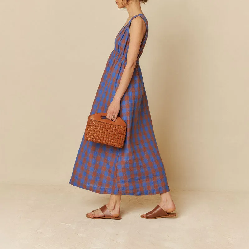 INDI & COLD Check Linen Dress in Klein Blue