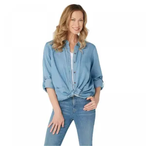 Isaac Mizrahi Live! Women's TRUE DENIM Roll Tab Button Front Shirt