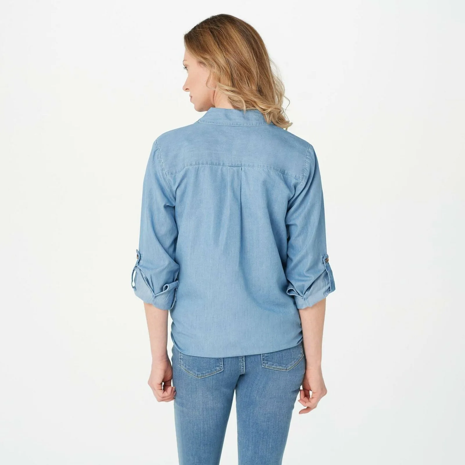 Isaac Mizrahi Live! Women's TRUE DENIM Roll Tab Button Front Shirt