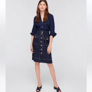 J. Crew Navy Stretch Linen Button Front Skirt
