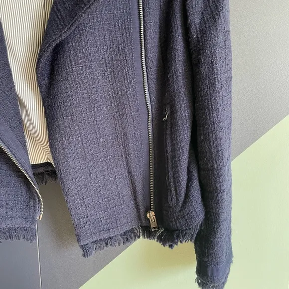 J Crew navy tweed moto-style jacket with 3/4 sleeves and frayed edges