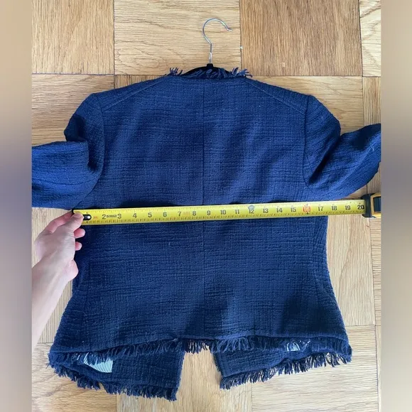 J Crew navy tweed moto-style jacket with 3/4 sleeves and frayed edges