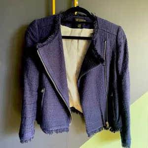 J Crew navy tweed moto-style jacket with 3/4 sleeves and frayed edges