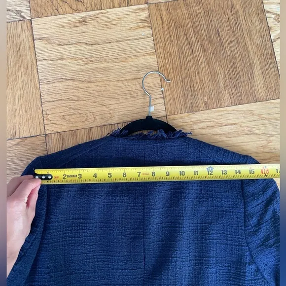 J Crew navy tweed moto-style jacket with 3/4 sleeves and frayed edges