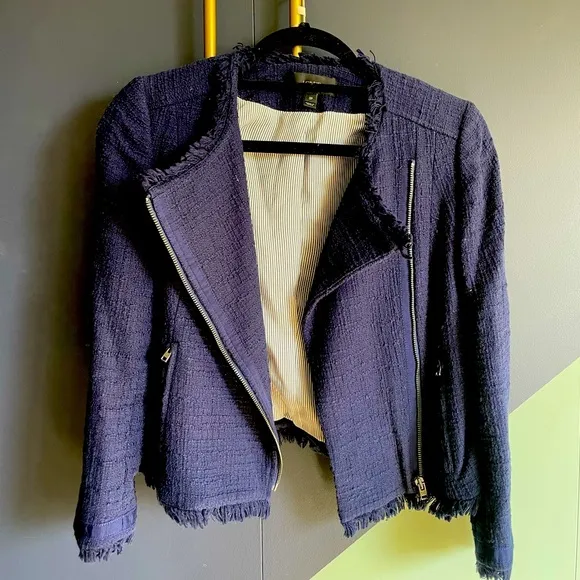 J Crew navy tweed moto-style jacket with 3/4 sleeves and frayed edges