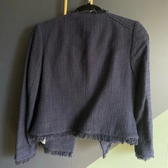 J Crew navy tweed moto-style jacket with 3/4 sleeves and frayed edges