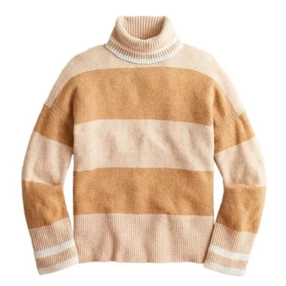 J. Crew Striped Turtleneck Sweater Supersoft Yarn Heather Linen Camel NWT