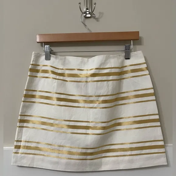 J. Crew White &amp; Foil Metallic Gold Linen-Cotton Stripe Mini Skirt Size 6
