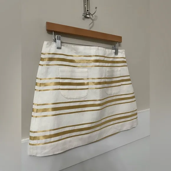 J. Crew White &amp; Foil Metallic Gold Linen-Cotton Stripe Mini Skirt Size 6