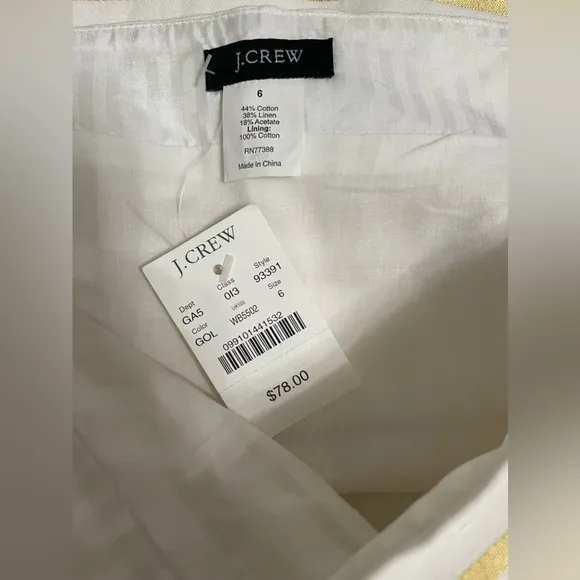 J. Crew White &amp; Foil Metallic Gold Linen-Cotton Stripe Mini Skirt Size 6