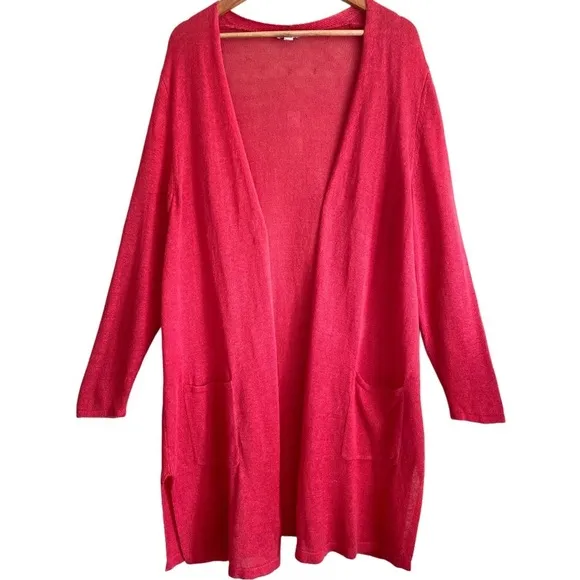 J. JILL Linen Blend Open Front Lightweight Boho Red Long Knit Duster Cardigan XL