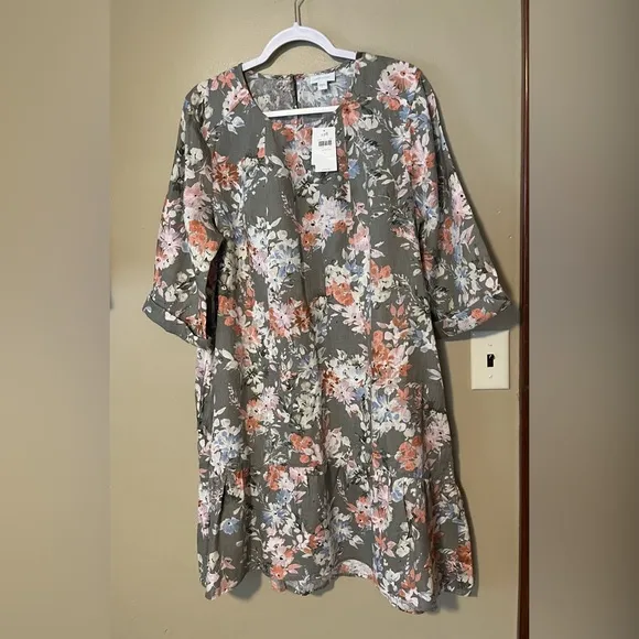 J. Jill Love Linen Caraway Fresh Bloom Linen MIDI Dress NEW
