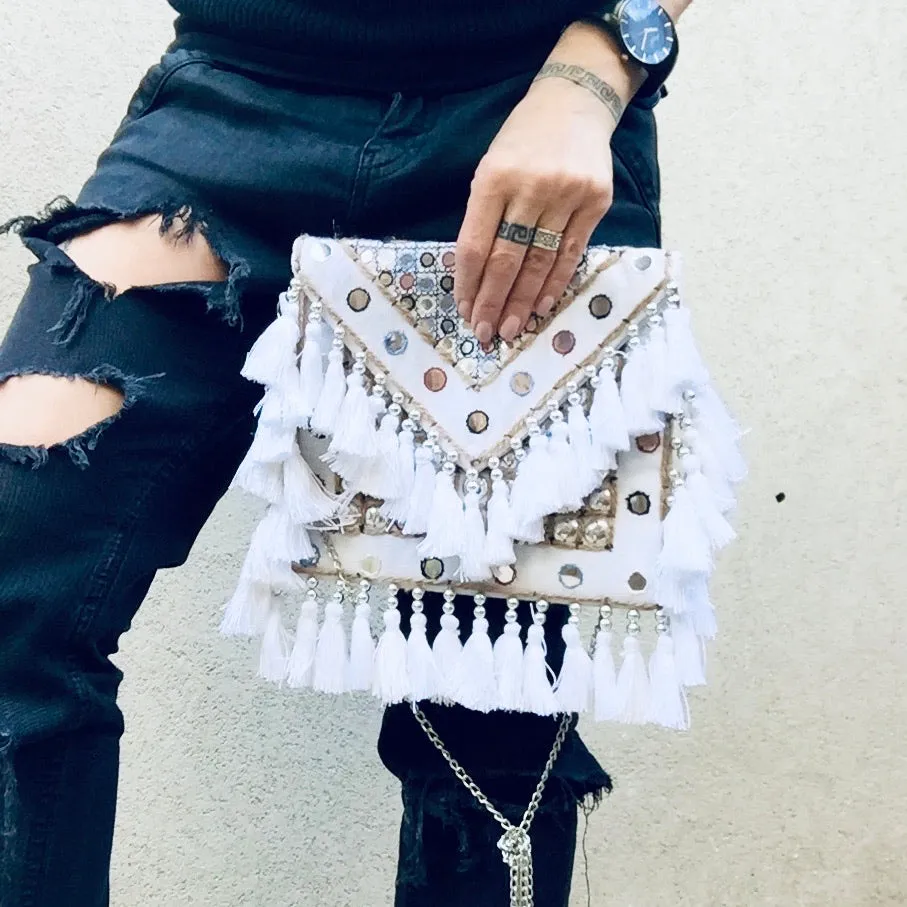 Jayne Bohemian White Fringed Festival Clutch Bag