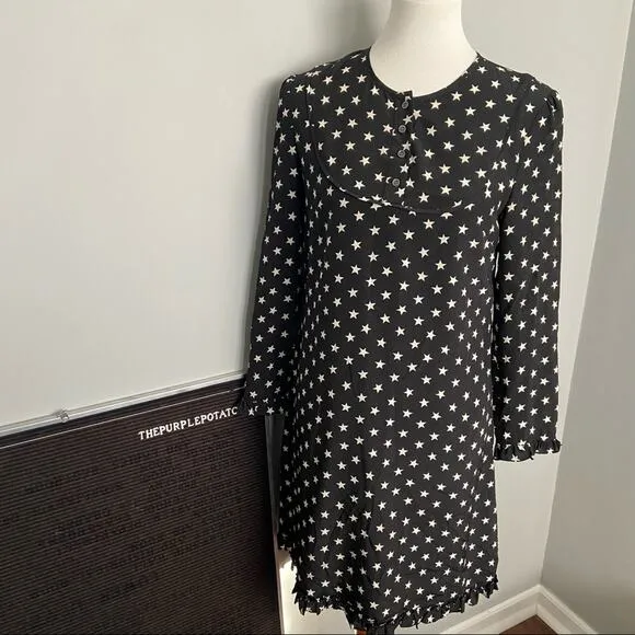 J.Crew Collection Black Star Print Silk Ruffle Dress Size 2
