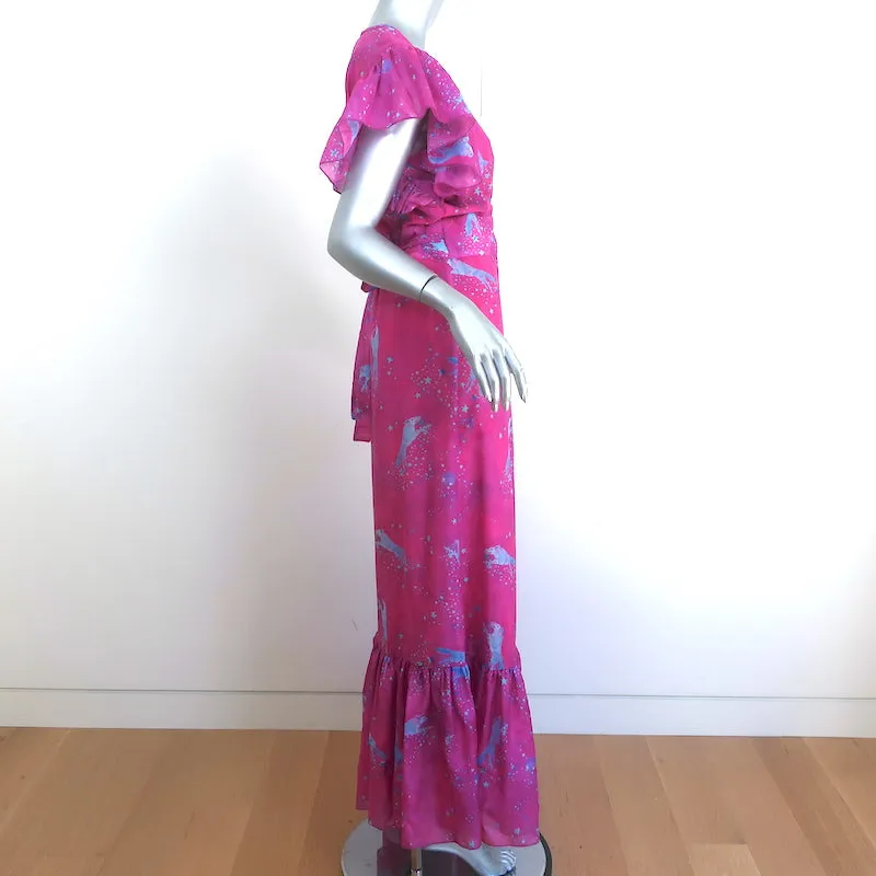 Jessie Western Maxi Wrap Dress Pink Star Print Silk-Cotton Size Small NEW