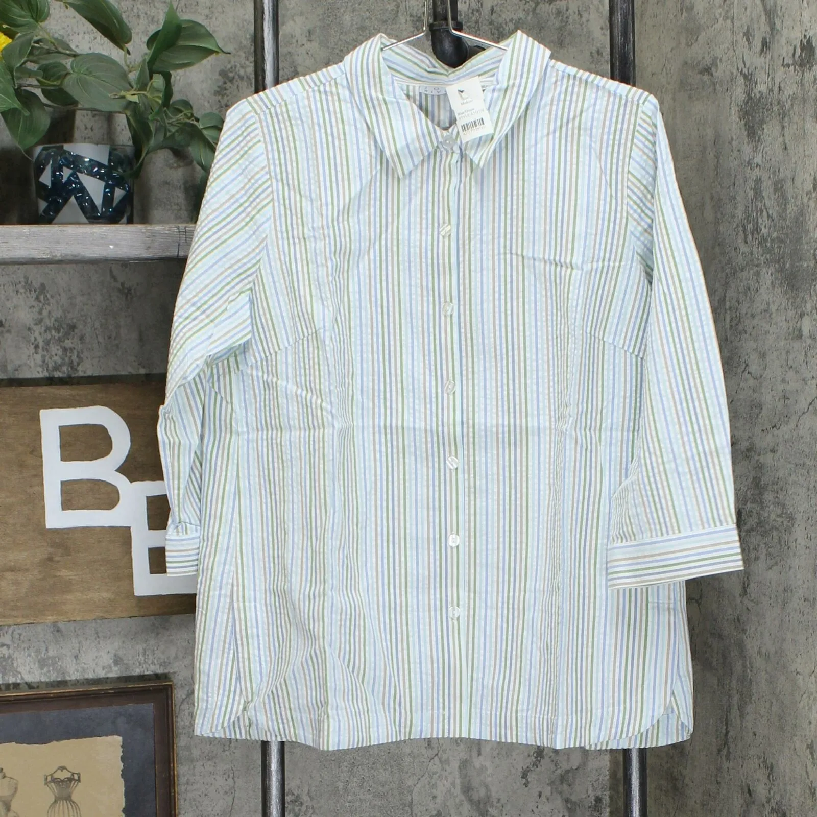 Joan Rivers Women's Multicolor 3/4-Sleeve Seersucker Collared Shirt
