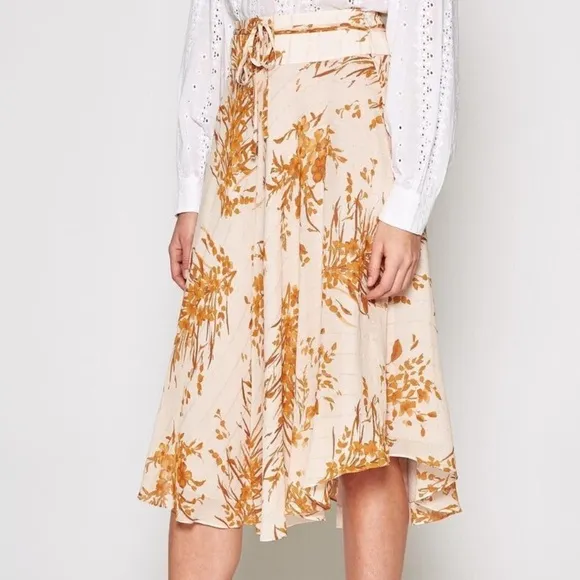 JOIE Arvina Silk Asymmetrical Peach Cream Metallic Floral Print Midi Skirt SZ 8