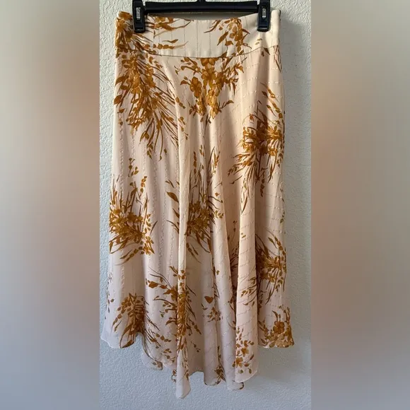 JOIE Arvina Silk Asymmetrical Peach Cream Metallic Floral Print Midi Skirt SZ 8