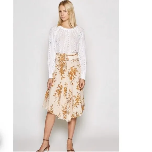 JOIE Arvina Silk Asymmetrical Peach Cream Metallic Floral Print Midi Skirt SZ 8