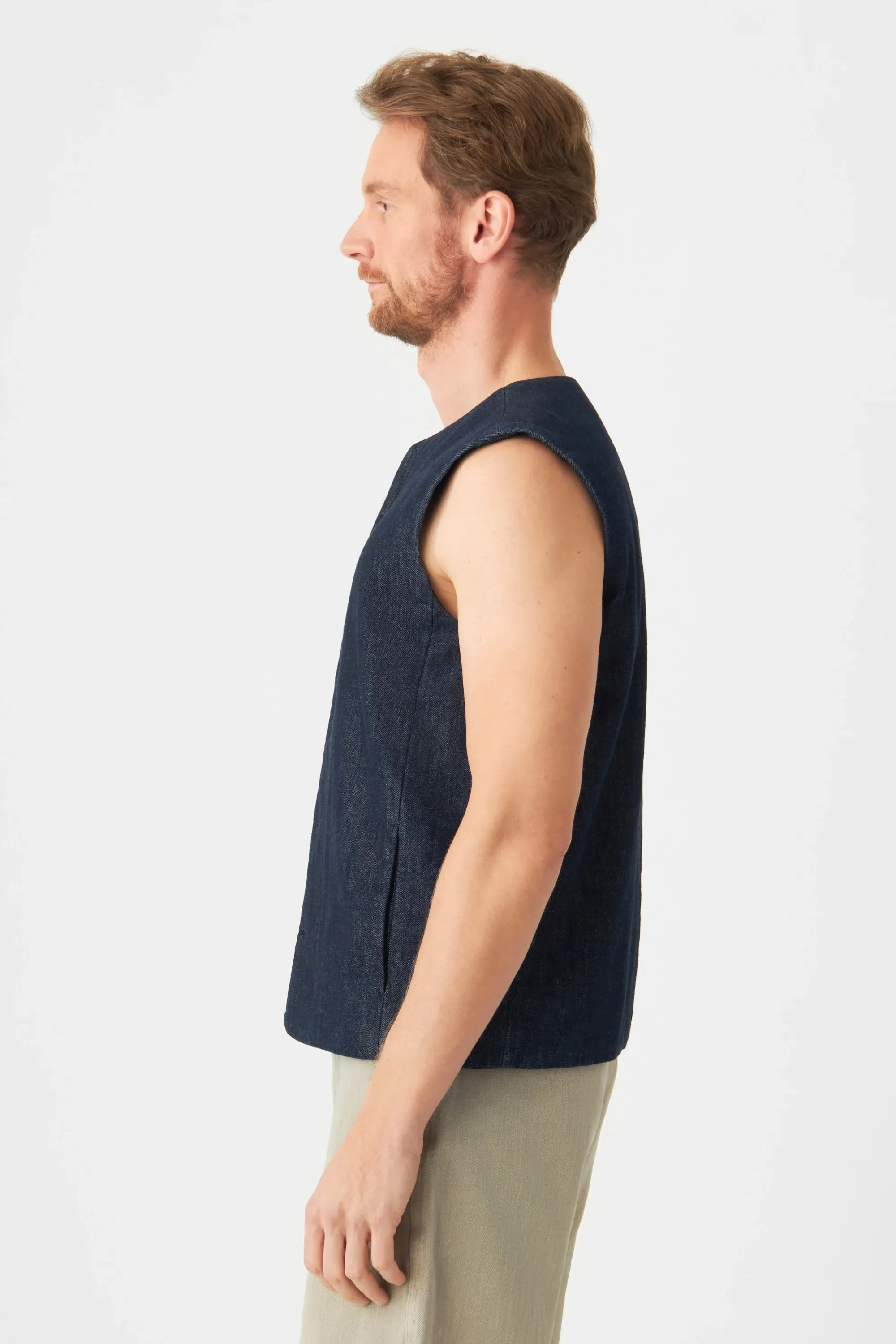 Kashew Lightweight Hemp Blend Denim Vest Raw Blue