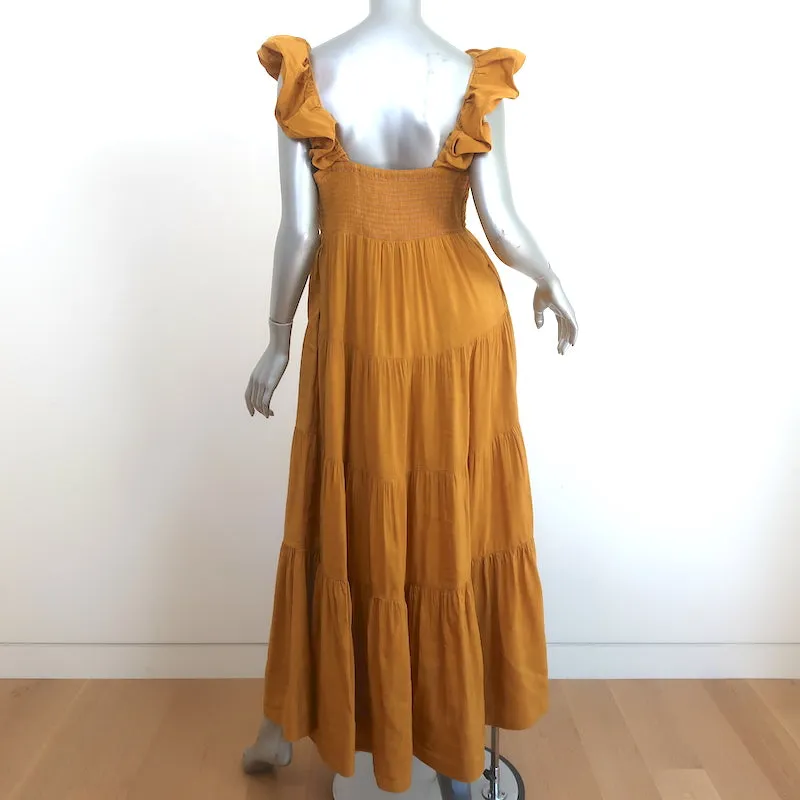 La Ligne Anais Tiered Midi Dress Mustard Linen-Blend Size Large