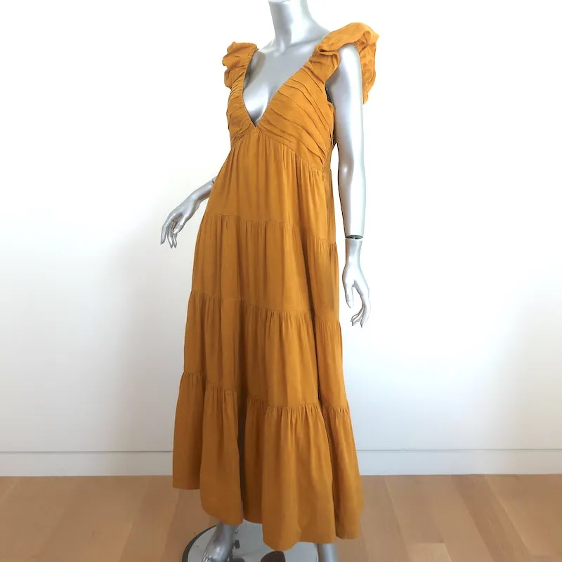 La Ligne Anais Tiered Midi Dress Mustard Linen-Blend Size Large
