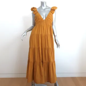 La Ligne Anais Tiered Midi Dress Mustard Linen-Blend Size Large