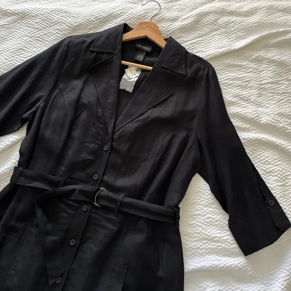 Lane Bryant Black Notch Collar Belted Midi Linen Blend Button Dress