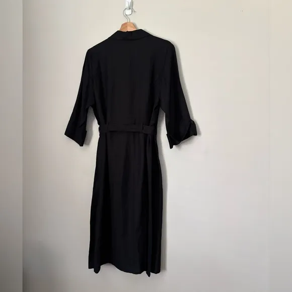 Lane Bryant Black Notch Collar Belted Midi Linen Blend Button Dress