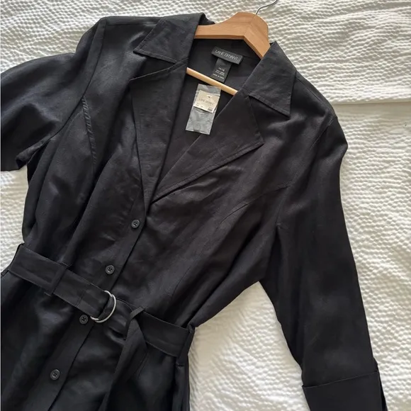 Lane Bryant Black Notch Collar Belted Midi Linen Blend Button Dress
