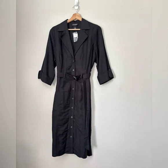 Lane Bryant Black Notch Collar Belted Midi Linen Blend Button Dress