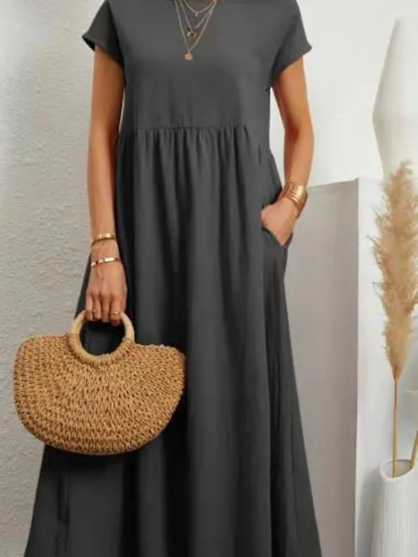 Lantern Sleeve Midi Dress with Pockets Cotton Linen Loose Fit