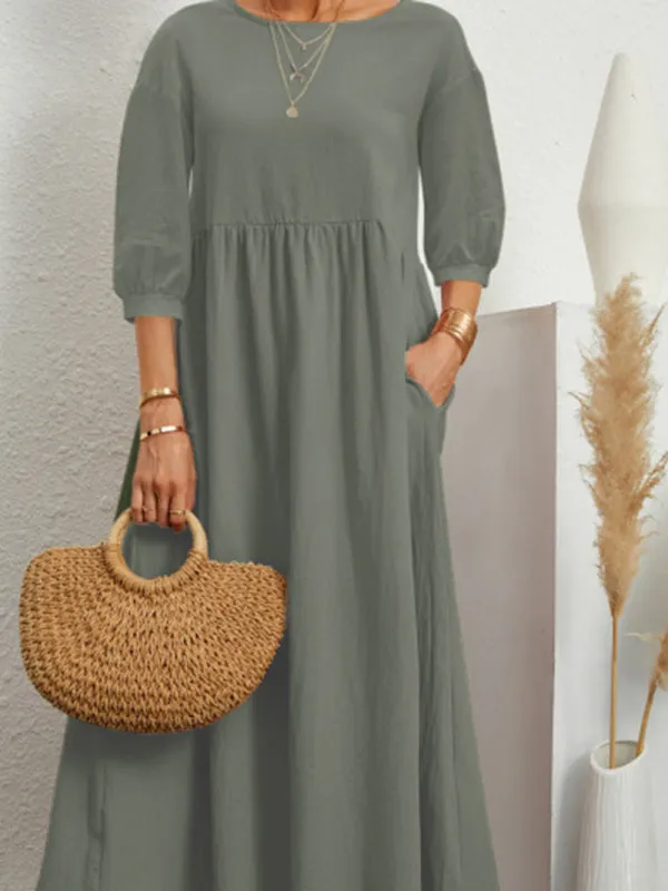 Lantern Sleeve Midi Dress with Pockets Cotton Linen Loose Fit