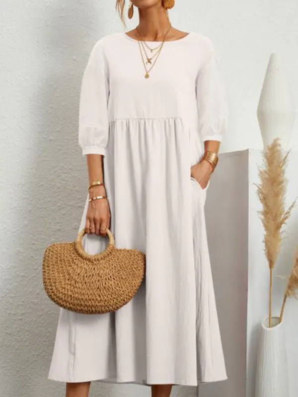 Lantern Sleeve Midi Dress with Pockets Cotton Linen Loose Fit