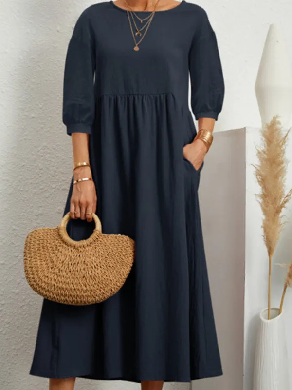 Lantern Sleeve Midi Dress with Pockets Cotton Linen Loose Fit