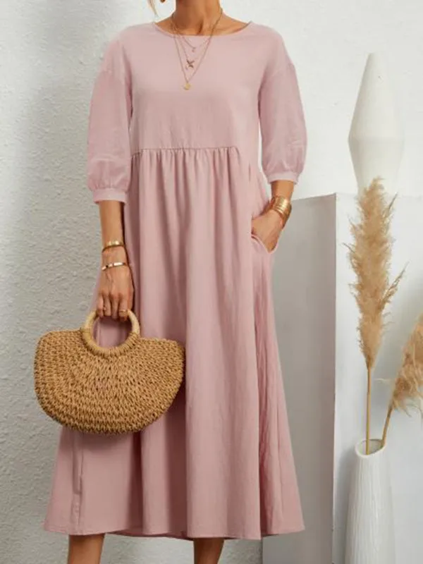Lantern Sleeve Midi Dress with Pockets Cotton Linen Loose Fit
