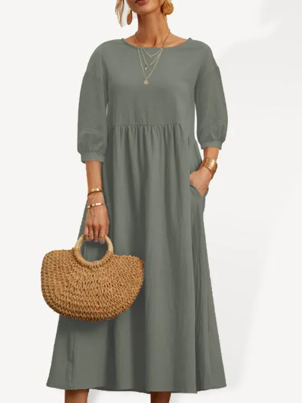 Lantern Sleeve Midi Dress with Pockets Cotton Linen Loose Fit