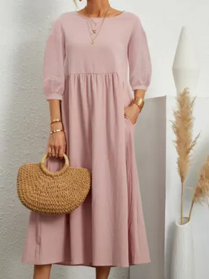 Lantern Sleeve Midi Dress with Pockets Cotton Linen Loose Fit