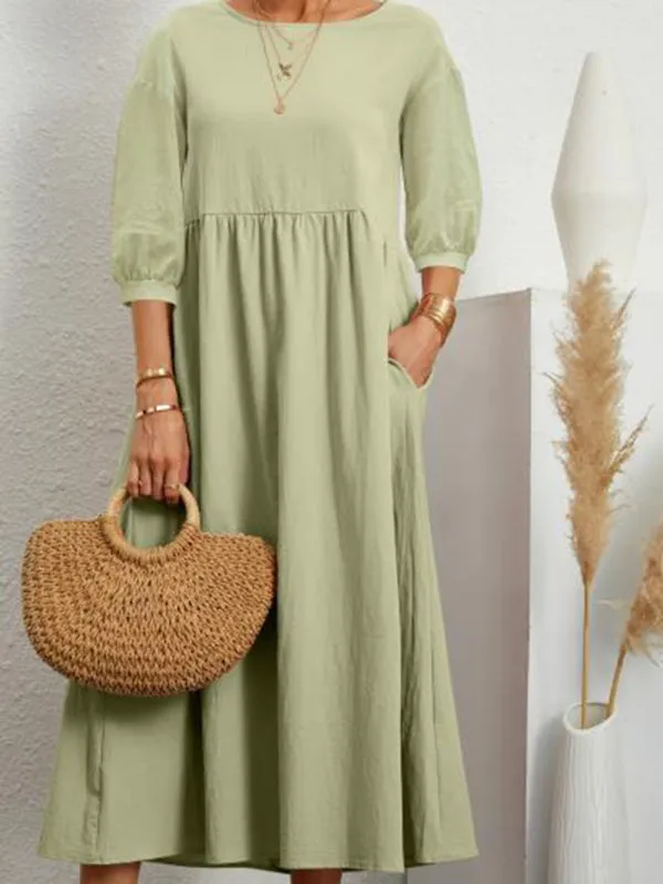 Lantern Sleeve Midi Dress with Pockets Cotton Linen Loose Fit