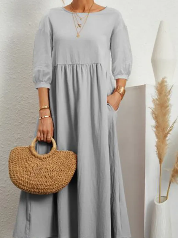 Lantern Sleeve Midi Dress with Pockets Cotton Linen Loose Fit
