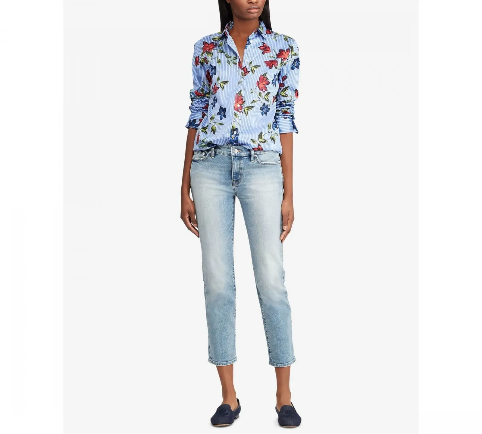 Lauren by Ralph Lauren Women's Pinstripe Floral Cotton Sateen Shirt