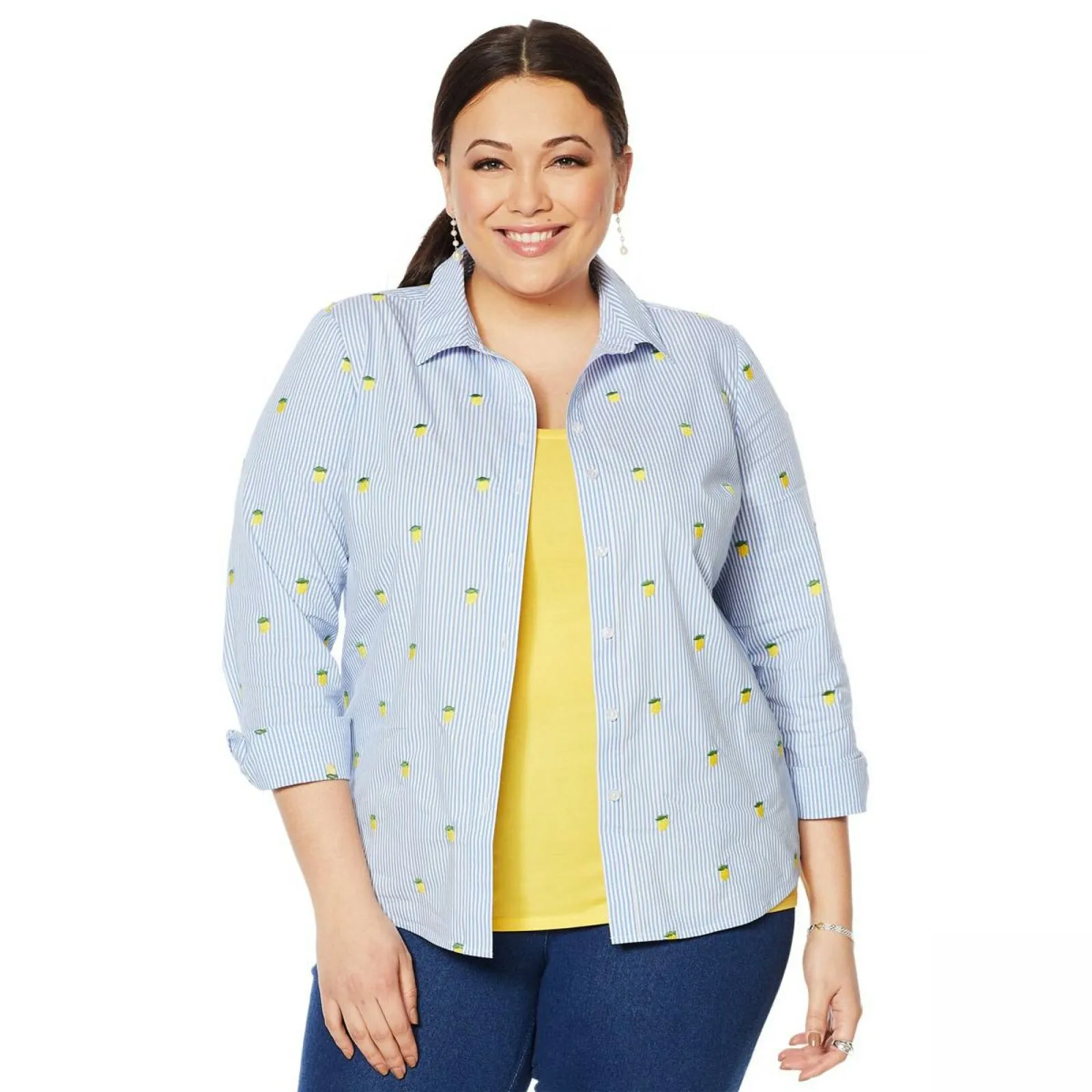Lemon Way Women's Plus Size 365 Poplin Stretch Embroidered Button Down Shirt